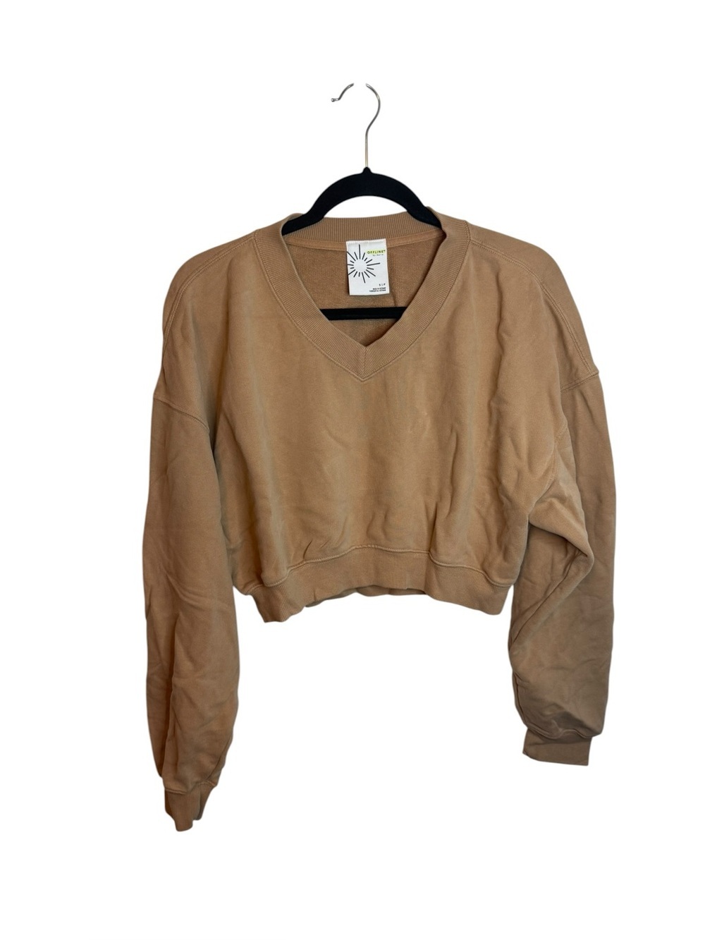 Offline by Aerie Tan V-Neck Cropped Sweatshirt